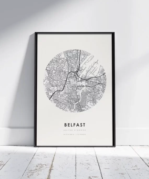 Belfast city skyline poster with bold black typography on white matte paper – modern minimalist wall art for Belfast fans and travelers.