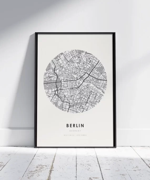 Berlin city skyline poster with bold black typography on white matte paper – modern minimalist wall art for Berlin fans and travel lovers.