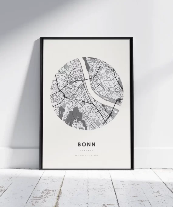 Bonn city skyline poster with bold black typography on white matte paper – minimalist wall art for Bonn fans and travel lovers.
