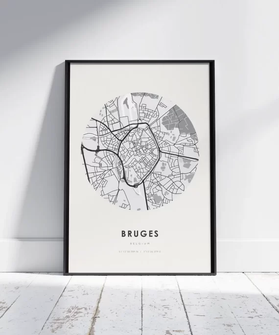 Bruges city skyline poster with bold black typography on white matte paper – modern minimalist wall art for Bruges fans and travel lovers.