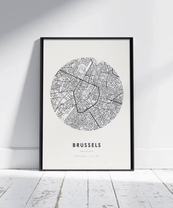 Brussels city skyline poster with bold black typography on white matte paper – modern minimalist wall art for Brussels fans and travelers.