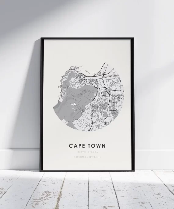 Cape Town city skyline poster with bold black typography on white matte paper – modern minimalist wall art for Cape Town fans and travelers.