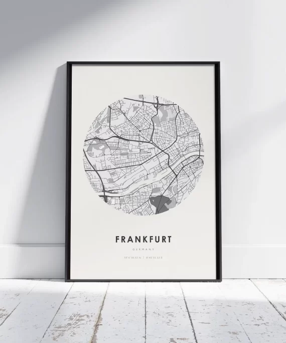 Black and white Frankfurt poster with bold text – minimalist city art print reflecting modern architecture and ambition.