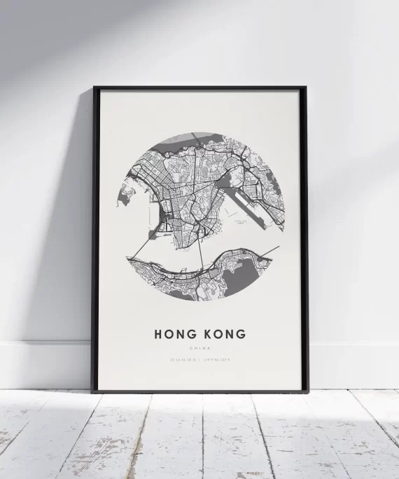 Minimalist black and white poster with the word “Hong Kong” – sleek wall art inspired by global city vibes.