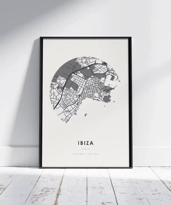 Black and white minimalist poster with the word “Ibiza” – bold, stylish wall art inspired by travel and Mediterranean freedom.