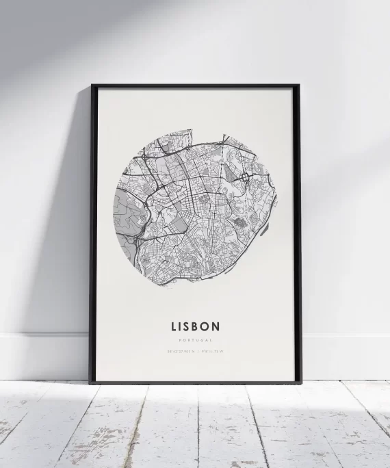 Minimalist Lisbon city poster in black text – modern travel-inspired wall art capturing the essence of Portugal’s capital.