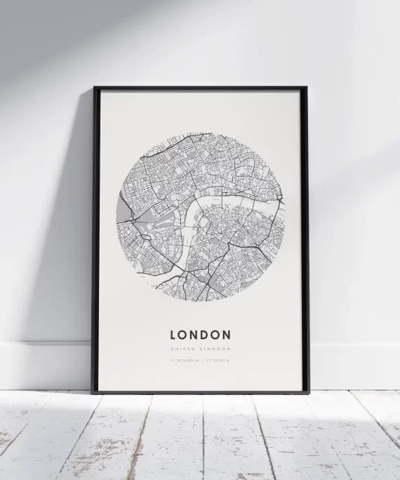 Minimal black and white poster featuring the word “London” – sleek city wall art for modern and urban-style decor.
