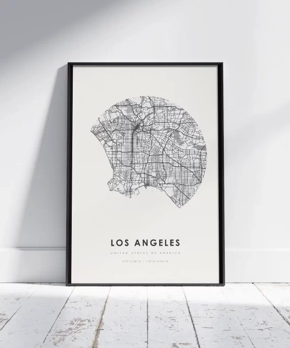 Minimalist poster with the word “Los Angeles” in bold black text – stylish city wall art with relaxed California energy.