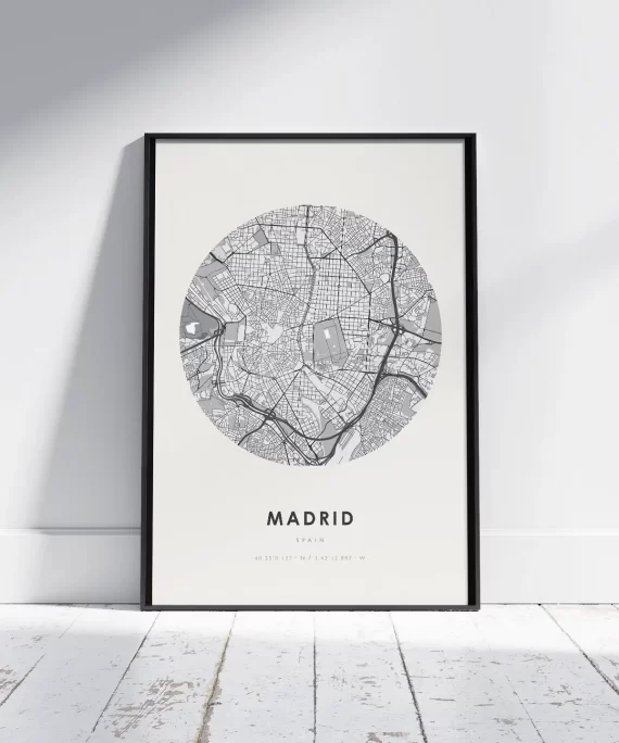 Minimalist black and white poster featuring the word “Madrid” – bold city print inspired by Spanish culture and urban energy.