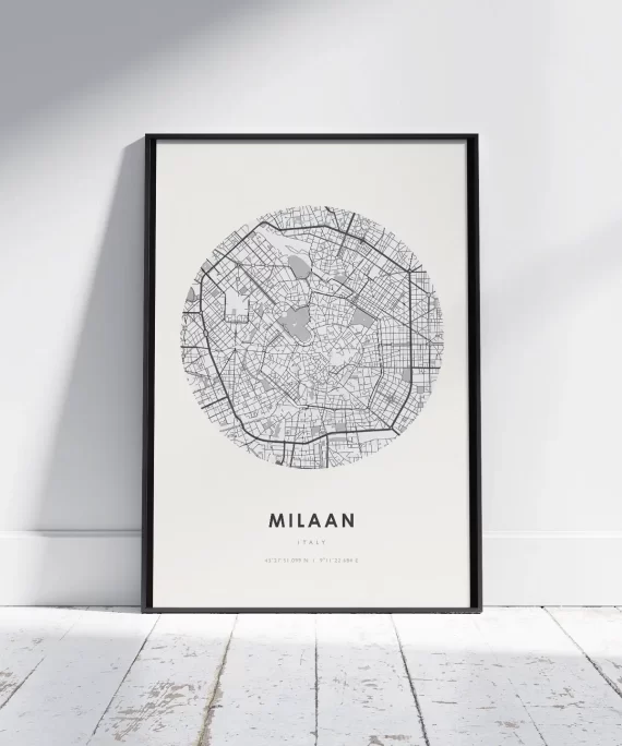 Minimalist black and white poster reading “Milaan” – modern typography wall art inspired by Milan’s iconic design and culture.