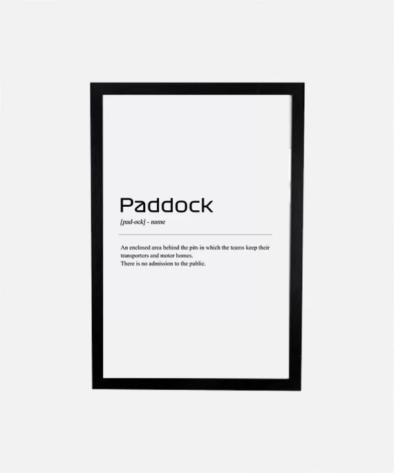 F1 Paddock poster with bold black typography on white matte paper – minimalist motorsport wall art celebrating Formula 1 behind-the-scenes action.