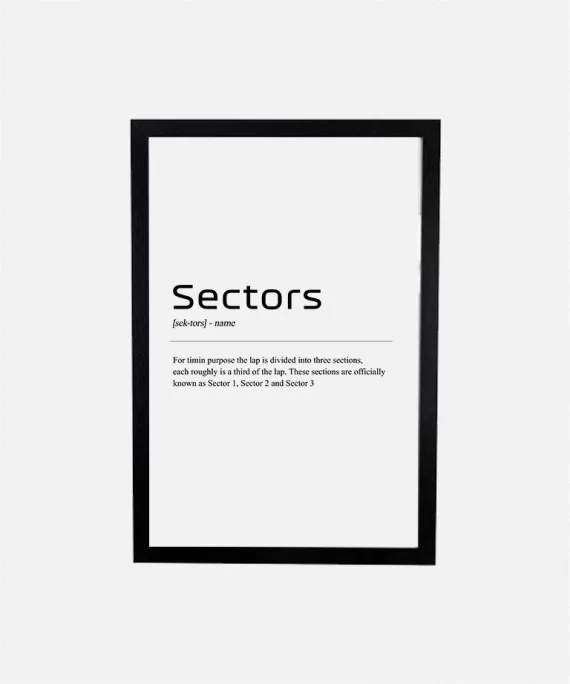 F1 Sector poster with bold black typography on white matte paper – minimalist motorsport wall art celebrating Formula 1 sector timing precision.