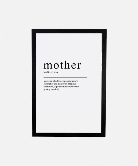 Black and white minimalist poster featuring the word “Mother” – elegant and modern wall art celebrating maternal love.