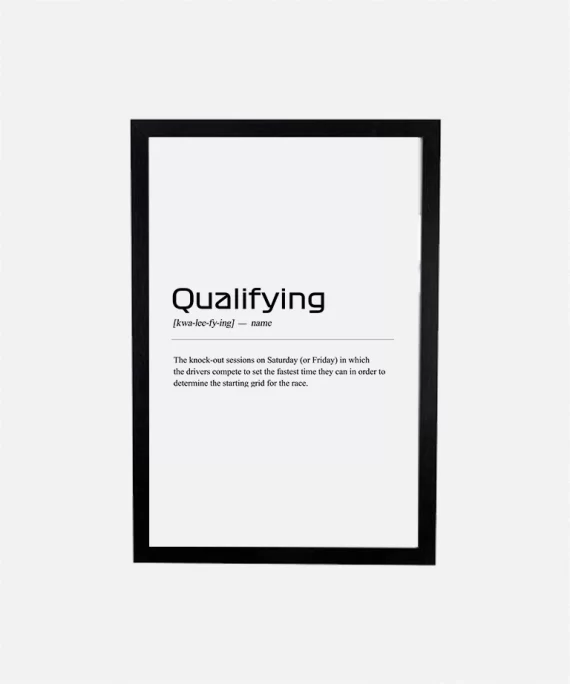 F1 Qualifying poster with bold black typography on white matte paper – minimalist motorsport wall art celebrating Formula 1 qualifying sessions.