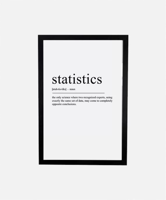 Minimalist poster with the word “Statistics” in bold black font – modern wall art for data lovers, researchers, and math fans.
