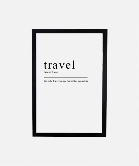 Minimalist black and white “Travel” poster – modern wall art for travelers, explorers, and lovers of adventure.