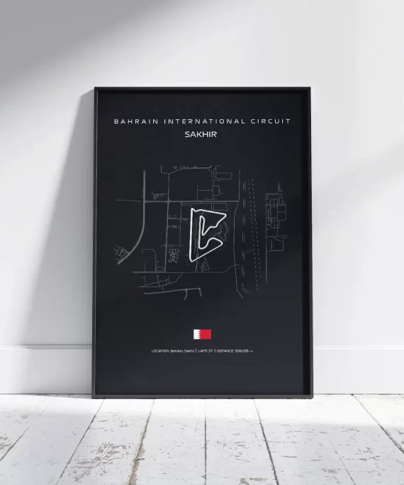 Minimalist black and white Bahrain F1 circuit poster – modern wall art featuring the Sakhir layout for Formula 1 and motorsport enthusiasts.