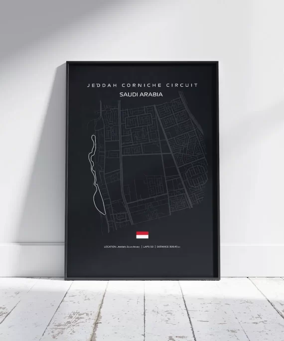 Minimalist black and white Jeddah F1 circuit poster – modern wall art for Formula 1 fans and Saudi Arabia Grand Prix enthusiasts.