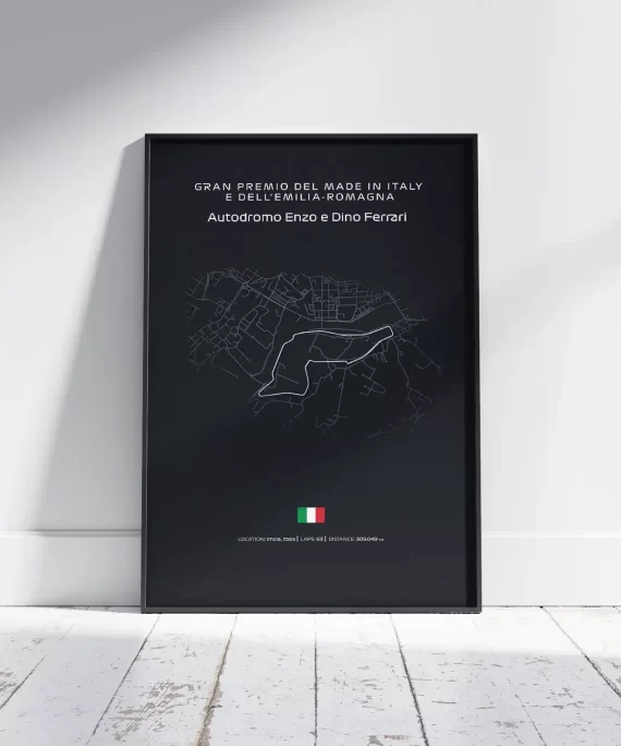 Minimalist black and white Imola F1 circuit poster – modern wall art for fans of Italian motorsport history and classic Formula 1 racing.