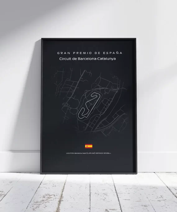 Minimalist black and white Circuit de Barcelona-Catalunya F1 track poster – sleek Formula 1 wall art for Spanish Grand Prix fans.
