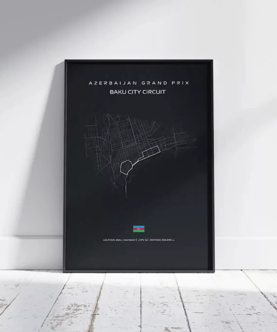Minimalist black and white F1 Baku City Circuit poster – sleek wall art for Formula 1 fans and lovers of dramatic street races.