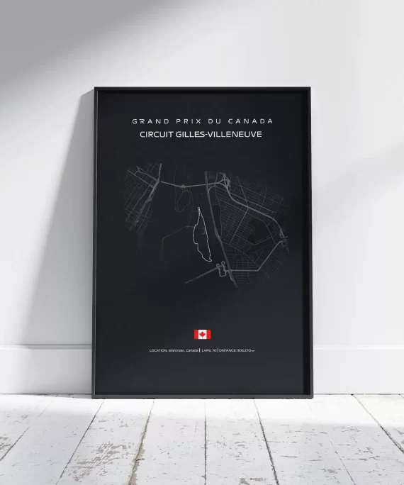 F1 Canada Circuit poster with bold black track layout on white matte paper – minimalist racing wall art featuring Circuit Gilles Villeneuve, Montreal.
