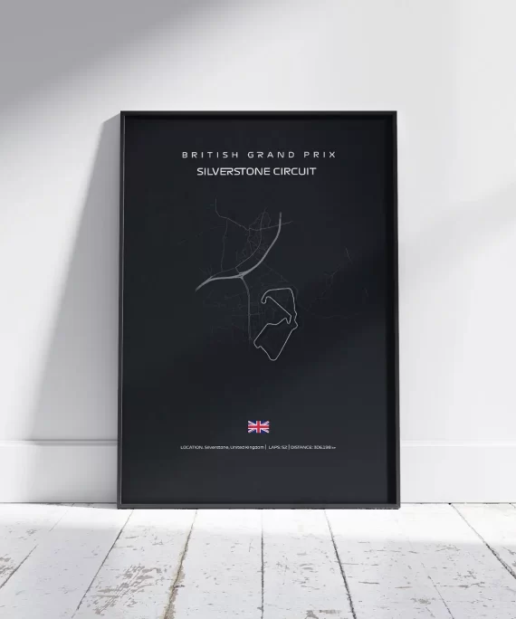 Minimalist black and white poster of Silverstone F1 circuit – modern wall art for Formula 1 fans and British Grand Prix enthusiasts.