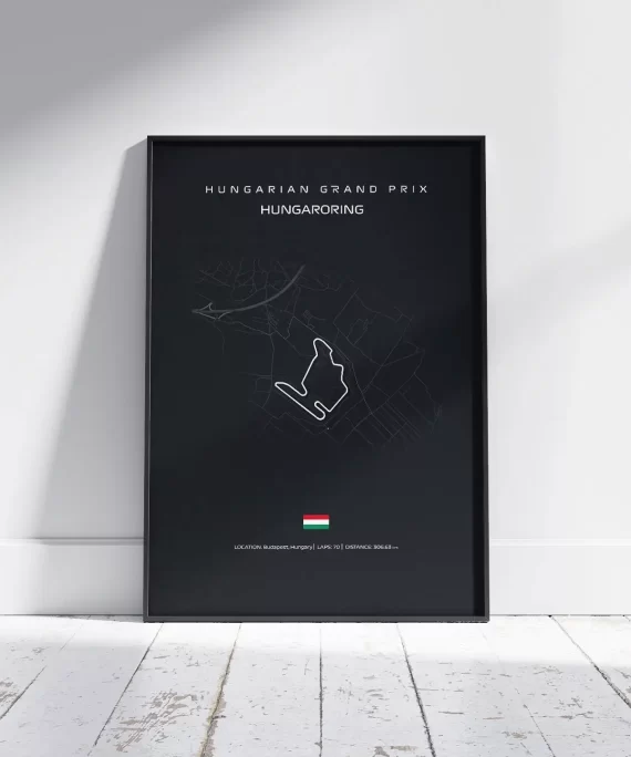 Minimalist black and white Hungaroring F1 circuit poster – sleek wall art for Formula 1 fans and lovers of technical racetracks.