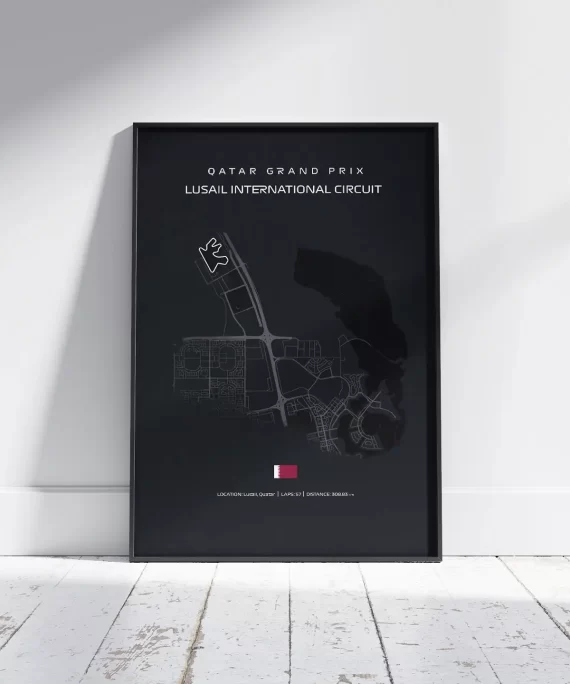 Minimalist black and white Lusail F1 circuit poster – sleek Formula 1 wall art for fans of night racing and the Qatar Grand Prix.