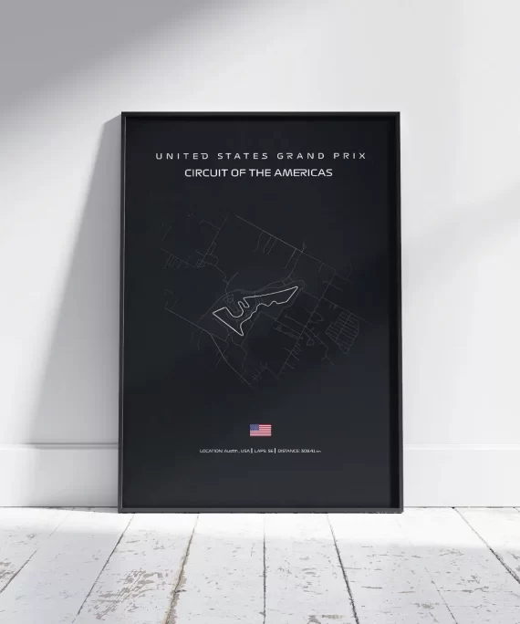 Minimalist black and white Circuit of the Americas F1 poster – modern wall art for Formula 1 and United States Grand Prix fans.