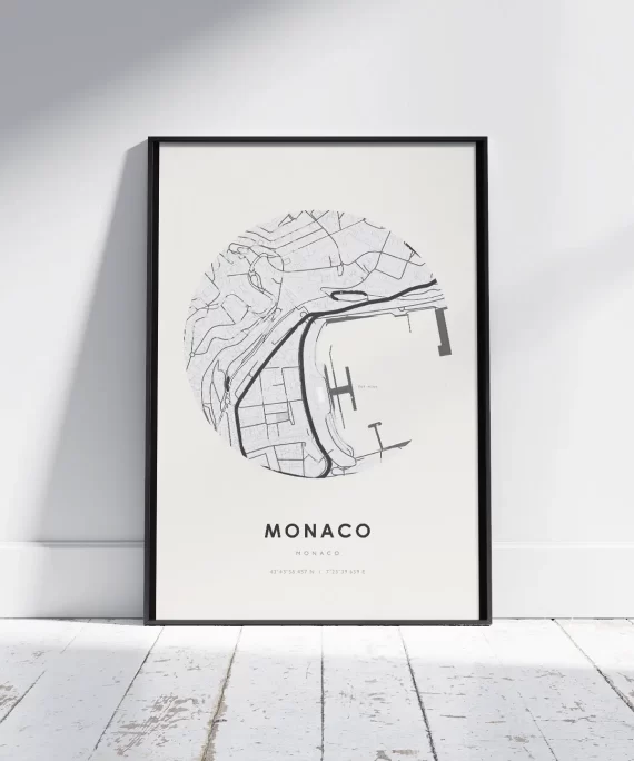 Minimalist poster with the word “Monaco” in bold black font – sleek city art inspired by F1 racing and Riviera glamour.