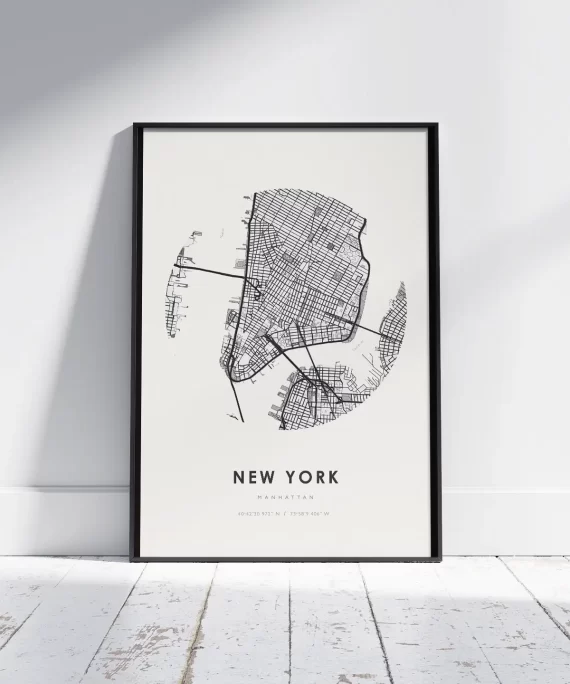 Minimalist poster with the words “New York” in bold black text – clean city wall art inspired by the fast-paced spirit of NYC.
