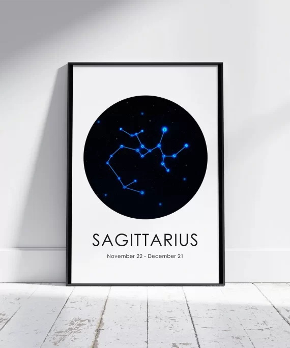 Minimalist Sagittarius zodiac poster with sign and dates – sleek black and white astrology print for adventurous personalities.