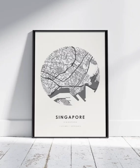 Minimalist poster with the word “Singapore” in black text – modern wall art inspired by the city’s innovation and cultural identity.