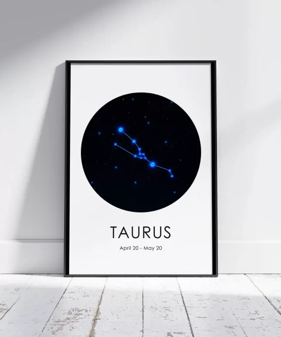 Minimalist black and white Taurus zodiac poster with symbol and birth dates – elegant wall art for grounded and steady personalities.