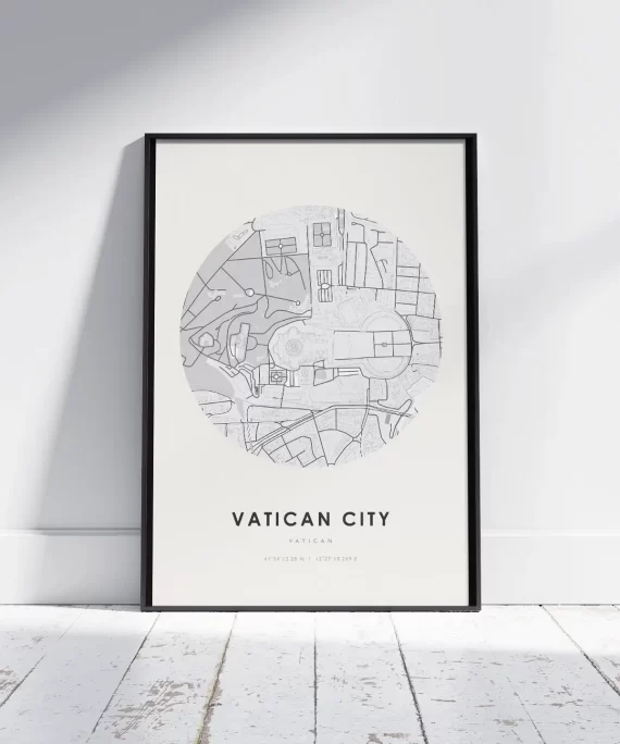 Minimalist black and white poster with “Vatican City” in bold type – elegant wall art inspired by the heart of spiritual heritage.
