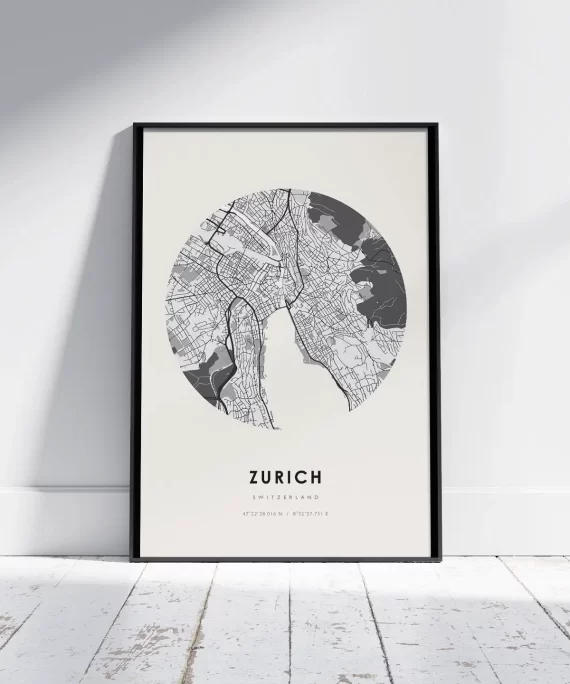 Minimalist black and white Zurich poster – modern city wall art inspired by Switzerland’s clean design and serene urban landscape.