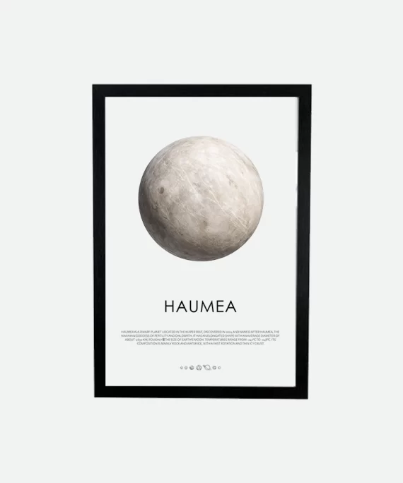 Minimalist Haumea planet poster – elegant wall art inspired by celestial motion and mythological symbolism.